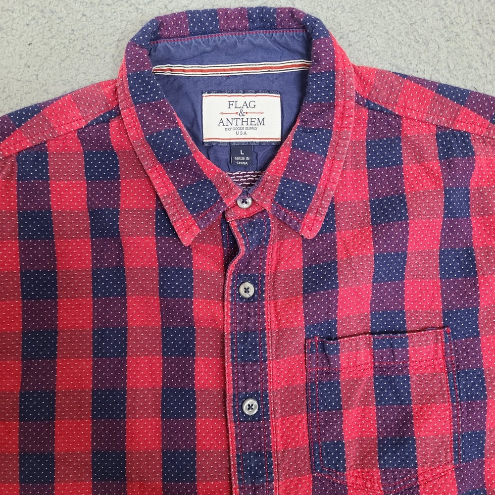 Flag & Anthem Shirt Mens Large Red Blue Buffalo Check Plaid Polka Dot Textured